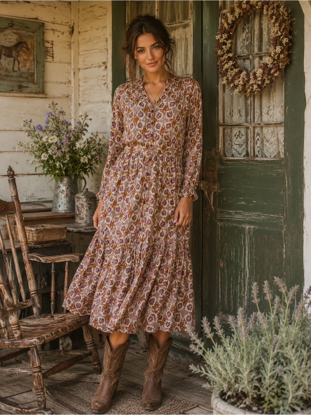 April Cornell Dress XXS Floral Long Sleeve Midi Prairie Cottagecore